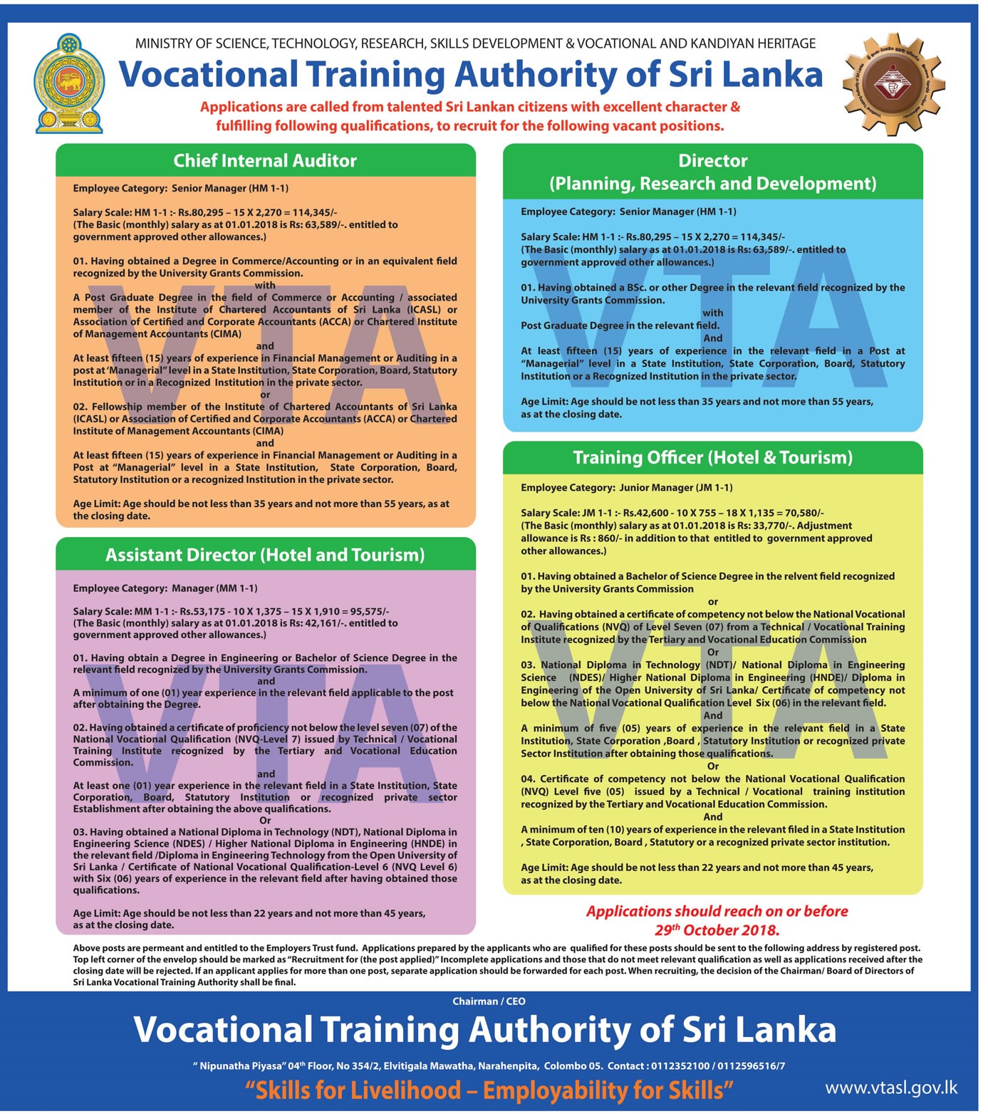 Chief Internal Auditor, Training Officer (Hotel & Tourism), Assistant Director, Director - Vocational Training Authority